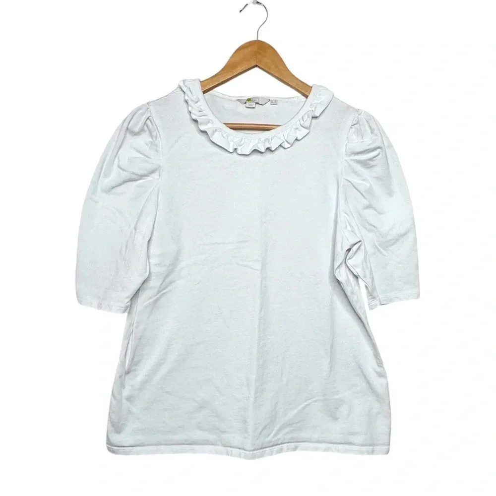 Boden White Ruffle Neck Short Sleeve Cotton Shirt. Gathered Shoulder. US 14